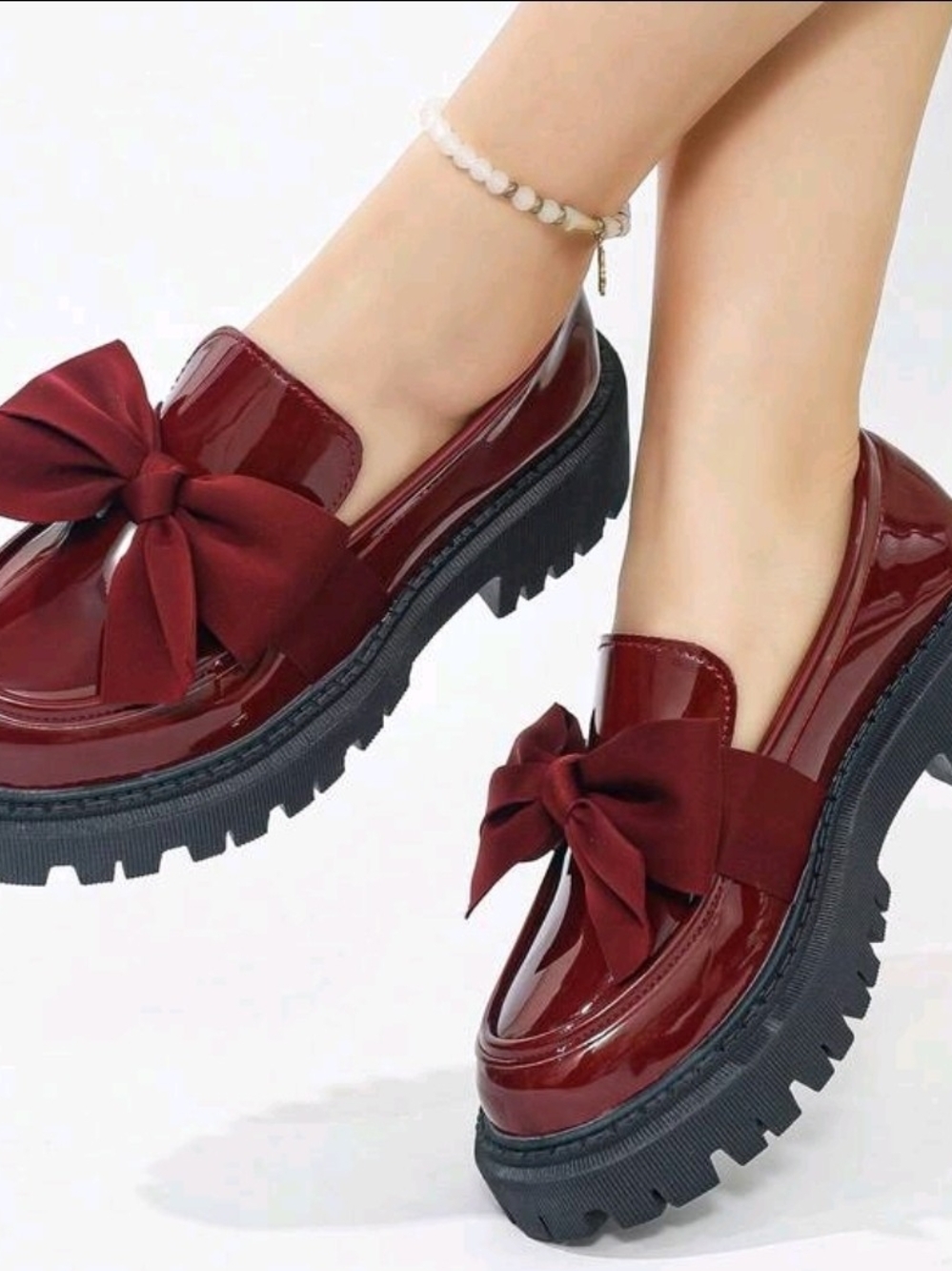 Women’s Chunky Platform Loafers with Bow - Burgundy